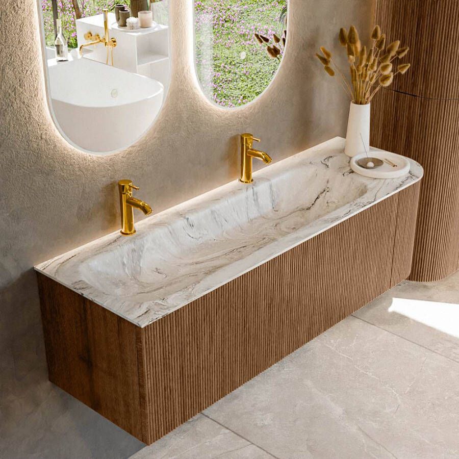 Mondiaz KURVE-DLUX 145cm badmeubel met module 25 R kleur Walnut met 1 lade en 1 deur. Wastafel BIG LARGE links 2 kraangaten kleur Glace. KRVBGL145R1L1D2KL-Wal Gla