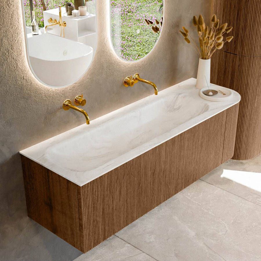Mondiaz KURVE-DLUX 145cm badmeubel met module 25 R kleur Walnut met 1 lade en 1 deur. Wastafel BIG LARGE links zonder kraangat kleur Ostra. KRVBGL145R1L1D0KL-Wal Ost