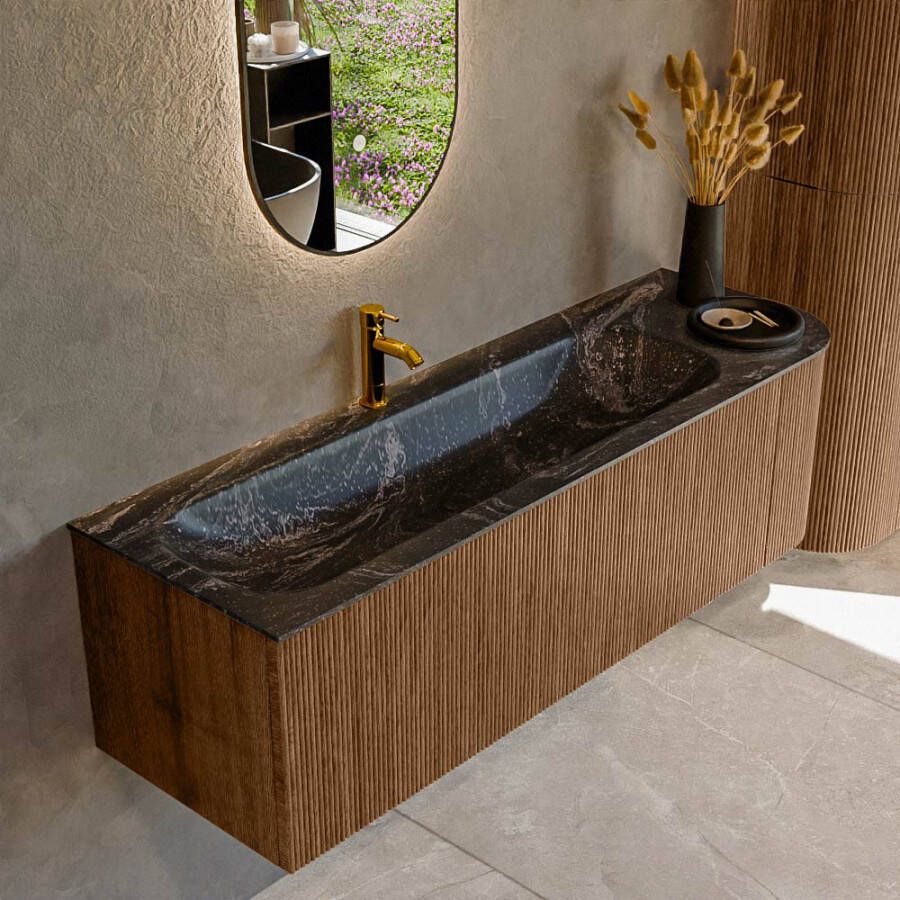 Mondiaz KURVE-DLUX 145cm badmeubel met module 25 R kleur Walnut met 1 lade en 1 deur. Wastafel BIG LARGE links 1 kraangat kleur Lava. KRVBGL145R1L1D1KL-Wal Lav