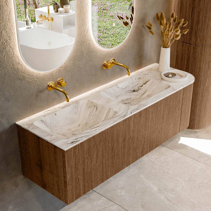 Mondiaz KURVE-DLUX 145cm badmeubel met module 25 R kleur Walnut met 1 lade en 1 deur. Wastafel LEAF dubbel links zonder kraangat kleur Glace. KRVLEA145R1L1D0KD-Wal Gla