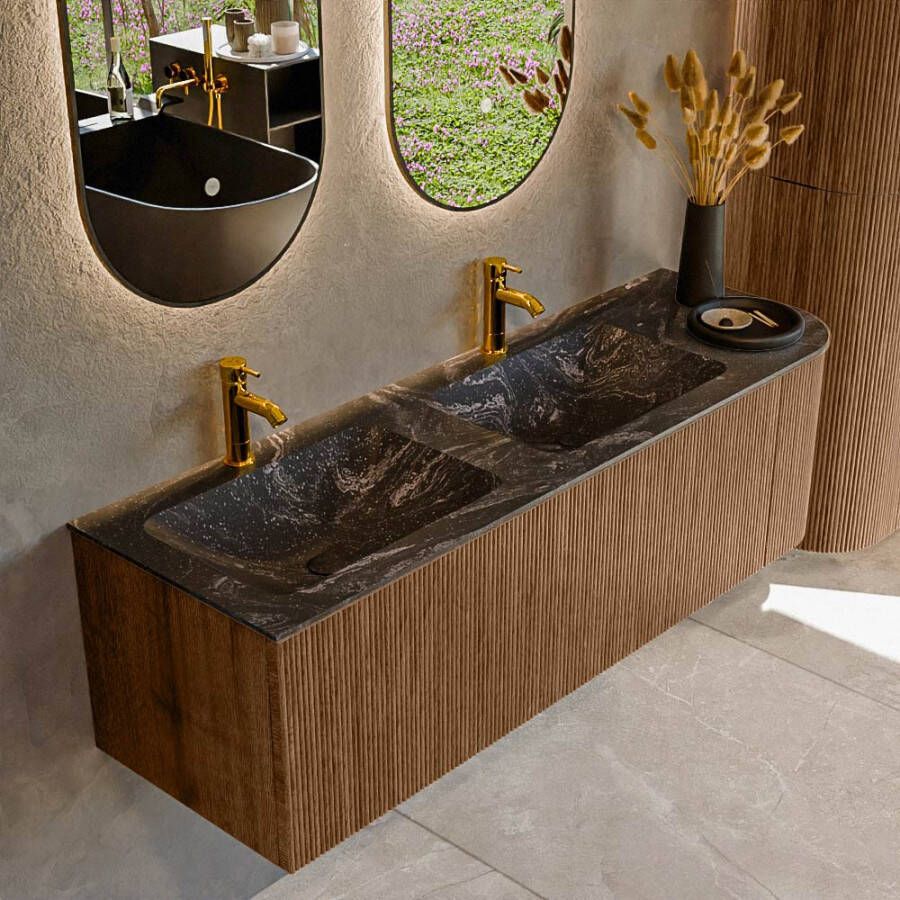 Mondiaz KURVE-DLUX 145cm badmeubel met module 25 R kleur Walnut met 1 lade en 1 deur. Wastafel LEAF dubbel links 2 kraangaten kleur Lava. KRVLEA145R1L1D2KD-Wal Lav