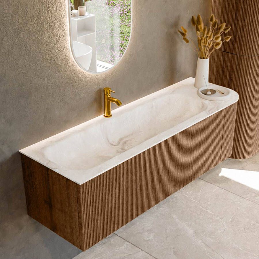 Mondiaz KURVE-DLUX 145cm badmeubel met module 25 R kleur Walnut met 1 lade en 1 deur. Wastafel BIG LARGE links 1 kraangat kleur Frappe. KRVBGL145R1L1D1KL-Wal Fra