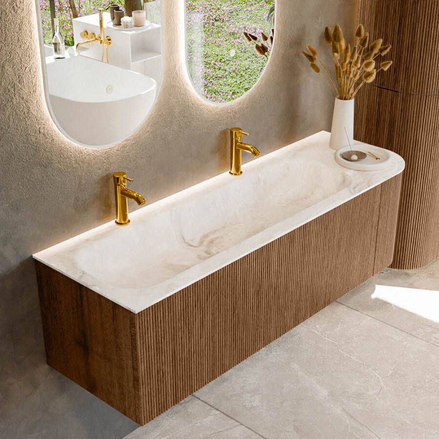 Mondiaz KURVE-DLUX 145cm badmeubel met module 25 R kleur Walnut met 1 lade en 1 deur. Wastafel BIG LARGE links 2 kraangaten kleur Frappe. KRVBGL145R1L1D2KL-Wal Fra
