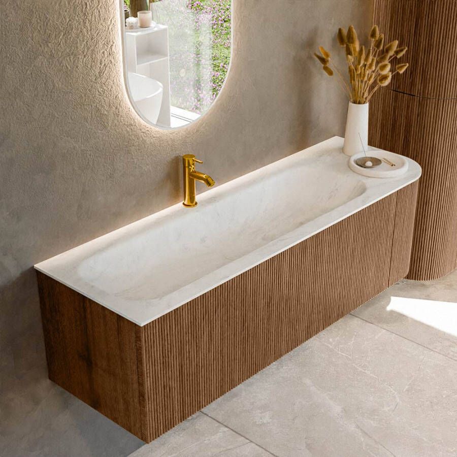 Mondiaz KURVE-DLUX 145cm badmeubel met module 25 R kleur Walnut met 1 lade en 1 deur. Wastafel BIG LARGE links 1 kraangat kleur Opalo. KRVBGL145R1L1D1KL-Wal Opa