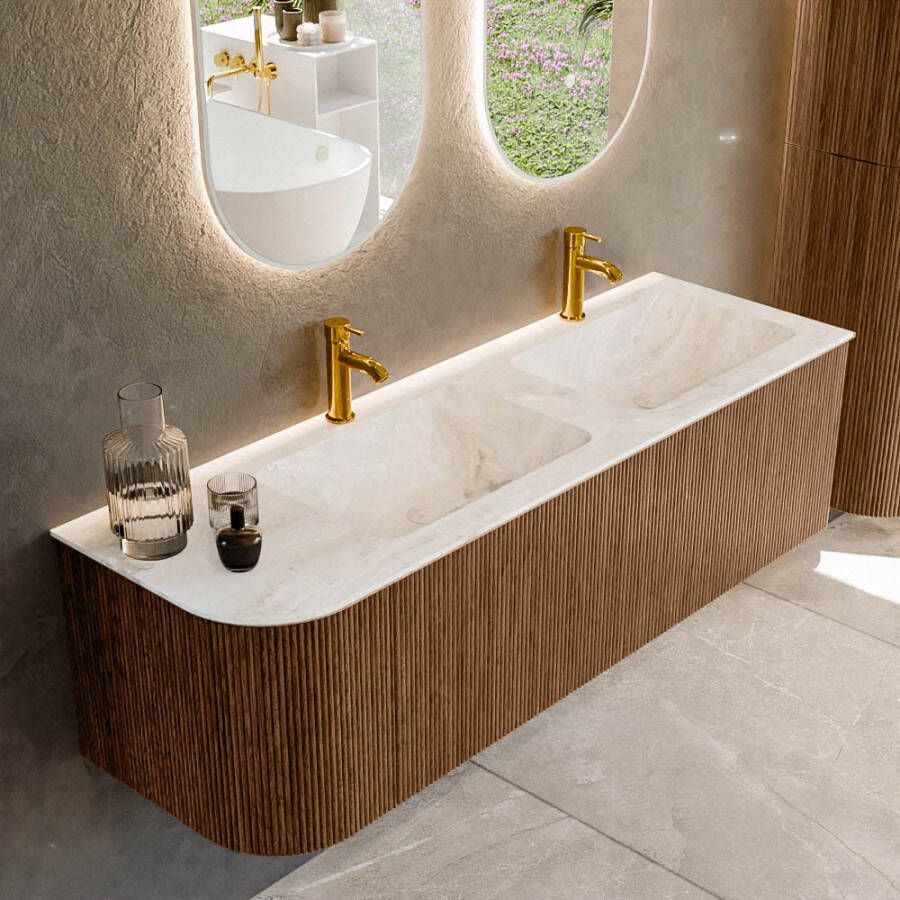 Mondiaz KURVE-DLUX 145cm badmeubel met module 25 L kleur Walnut met 1 lade en 1 deur. Wastafel LEAF dubbel rechts 2 kraangaten kleur Frappe. KRVLEA145L1L1D2KD-Wal Fra