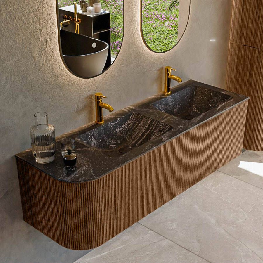 Mondiaz KURVE-DLUX 145cm badmeubel met module 25 L kleur Walnut met 1 lade en 1 deur. Wastafel LEAF dubbel rechts 2 kraangaten kleur Lava. KRVLEA145L1L1D2KD-Wal Lav