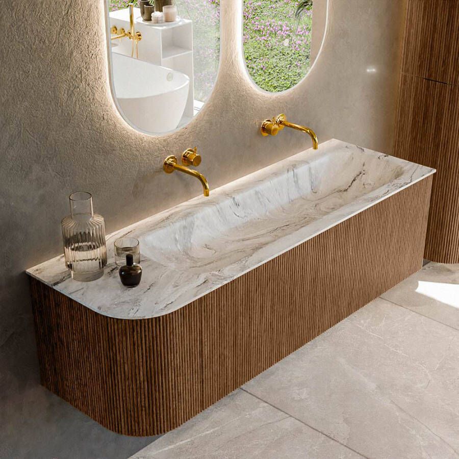 Mondiaz KURVE-DLUX 145cm badmeubel met module 25 L kleur Walnut met 1 lade en 1 deur. Wastafel BIG LARGE rechts zonder kraangat kleur Glace. KRVBGL145L1L1D0KR-Wal Gla
