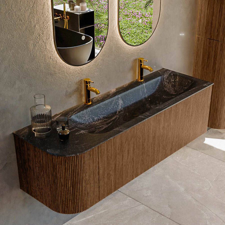 Mondiaz KURVE-DLUX 145cm badmeubel met module 25 L kleur Walnut met 1 lade en 1 deur. Wastafel BIG LARGE rechts 2 kraangaten kleur Lava. KRVBGL145L1L1D2KR-Wal Lav