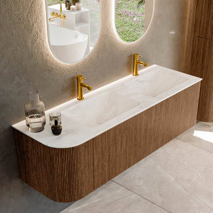 Mondiaz KURVE-DLUX 145cm badmeubel met module 25 L kleur Walnut met 1 lade en 1 deur. Wastafel LEAF dubbel rechts 2 kraangaten kleur Ostra. KRVLEA145L1L1D2KD-Wal Ost
