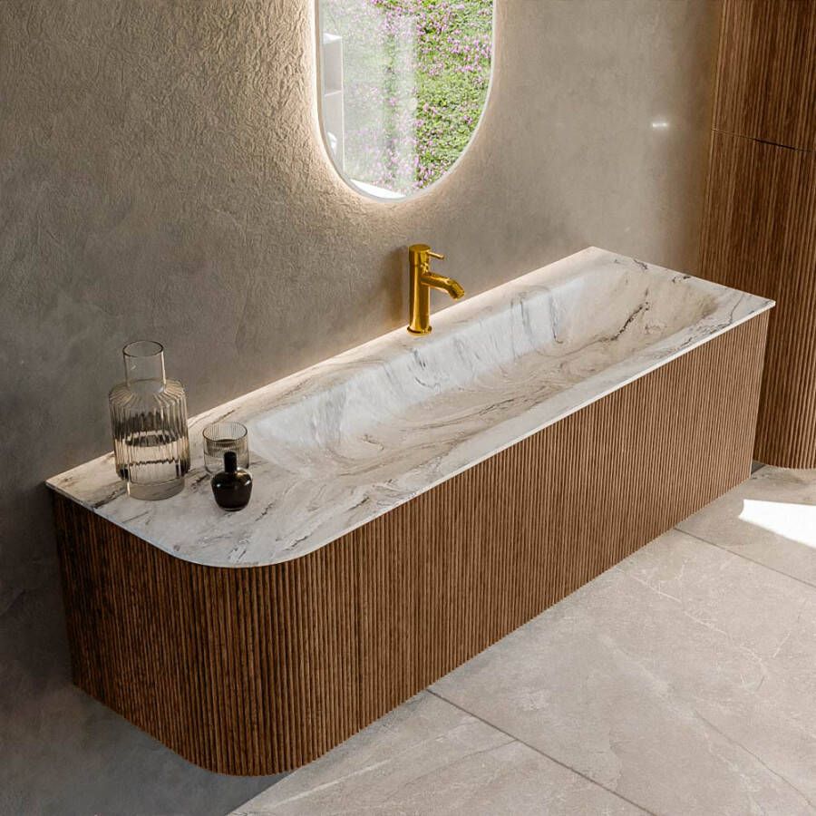 Mondiaz KURVE-DLUX 145cm badmeubel met module 25 L kleur Walnut met 1 lade en 1 deur. Wastafel BIG LARGE rechts 1 kraangat kleur Glace. KRVBGL145L1L1D1KR-Wal Gla