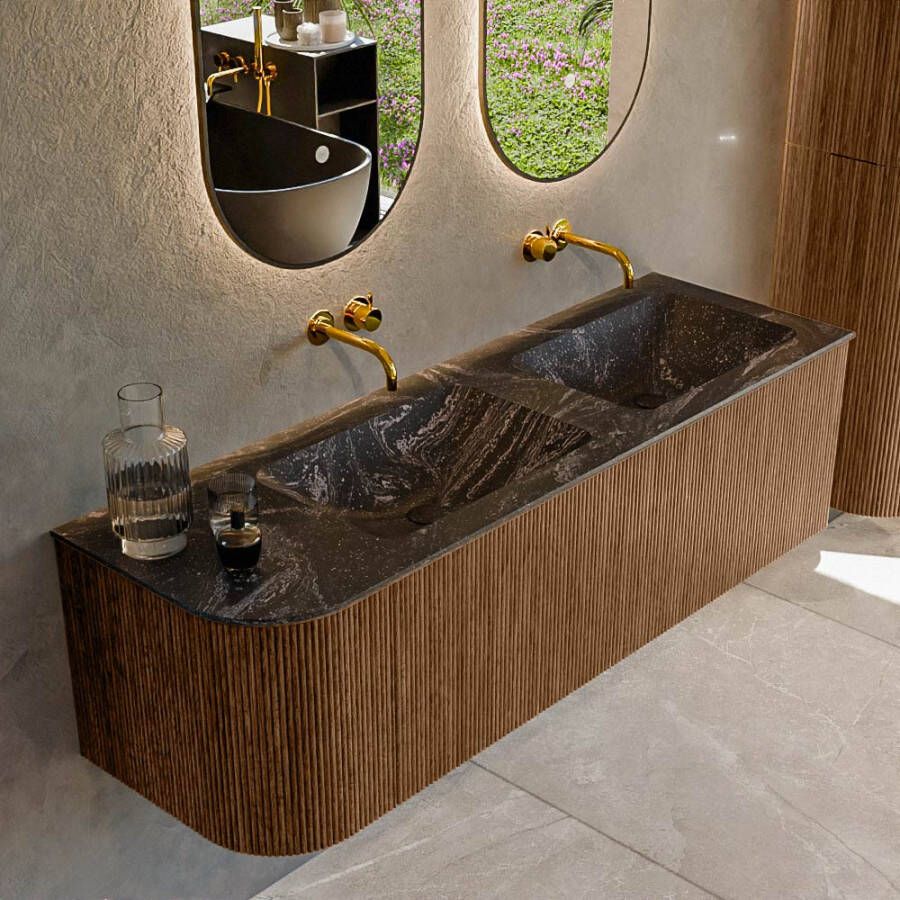 Mondiaz KURVE-DLUX 145cm badmeubel met module 25 L kleur Walnut met 1 lade en 1 deur. Wastafel LEAF dubbel rechts zonder kraangat kleur Lava. KRVLEA145L1L1D0KD-Wal Lav