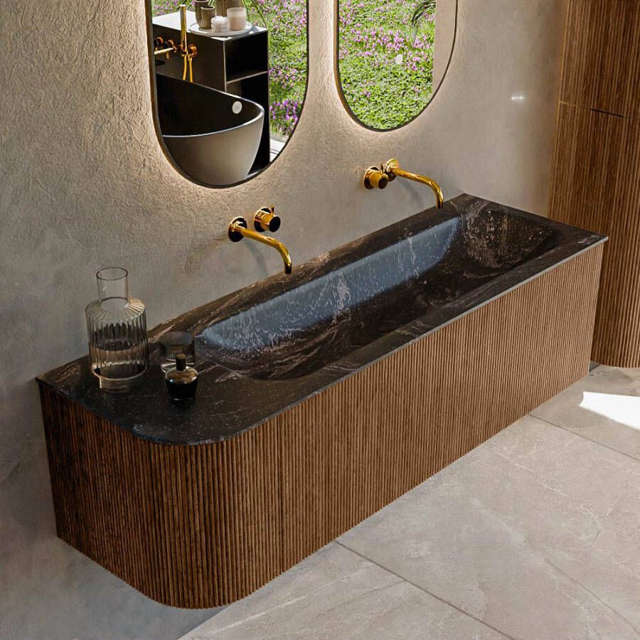 Mondiaz KURVE-DLUX 145cm badmeubel met module 25 L kleur Walnut met 1 lade en 1 deur. Wastafel BIG LARGE rechts zonder kraangat kleur Lava. KRVBGL145L1L1D0KR-Wal Lav
