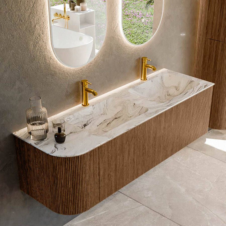 Mondiaz KURVE-DLUX 145 cm Onderkast Greeploos 1 Lade Met Deuren Walnut Wastafel Solid Surface Rechts Glace 2 Kraangaten Zonder Spiegel (KRVLEA145L1L1D2KD-Wal Gla)