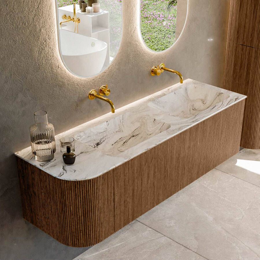 Mondiaz KURVE-DLUX 145cm badmeubel met module 25 L kleur Walnut met 1 lade en 1 deur. Wastafel LEAF dubbel rechts zonder kraangat kleur Glace. KRVLEA145L1L1D0KD-Wal Gla