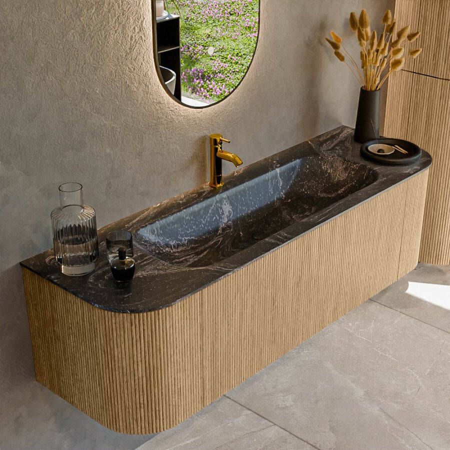 Mondiaz KURVE-DLUX 150cm badmeubel met module 25 Len R kleur Oak met 1 lade en 2 deuren. Wastafel BIG MEDIUM midden 1 kraangat kleur Lava. KRVBGM150L+R1L2D1KM-Oak Lav