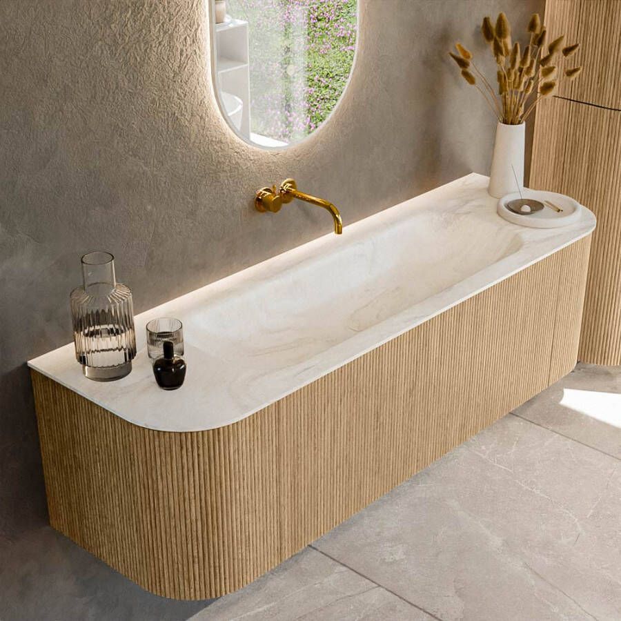Mondiaz KURVE-DLUX 150cm badmeubel met module 25 Len R kleur Oak met 1 lade en 2 deuren. Wastafel BIG MEDIUM midden zonder kraangat kleur Ostra. KRVBGM150L+R1L2D0KM-Oak Ost
