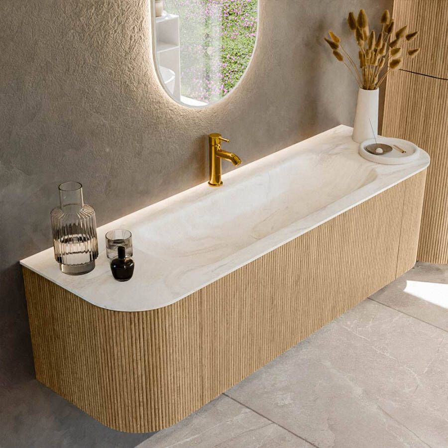 Mondiaz KURVE-DLUX 150cm badmeubel met module 25 Len R kleur Oak met 1 lade en 2 deuren. Wastafel BIG MEDIUM midden 1 kraangat kleur Ostra. KRVBGM150L+R1L2D1KM-Oak Ost