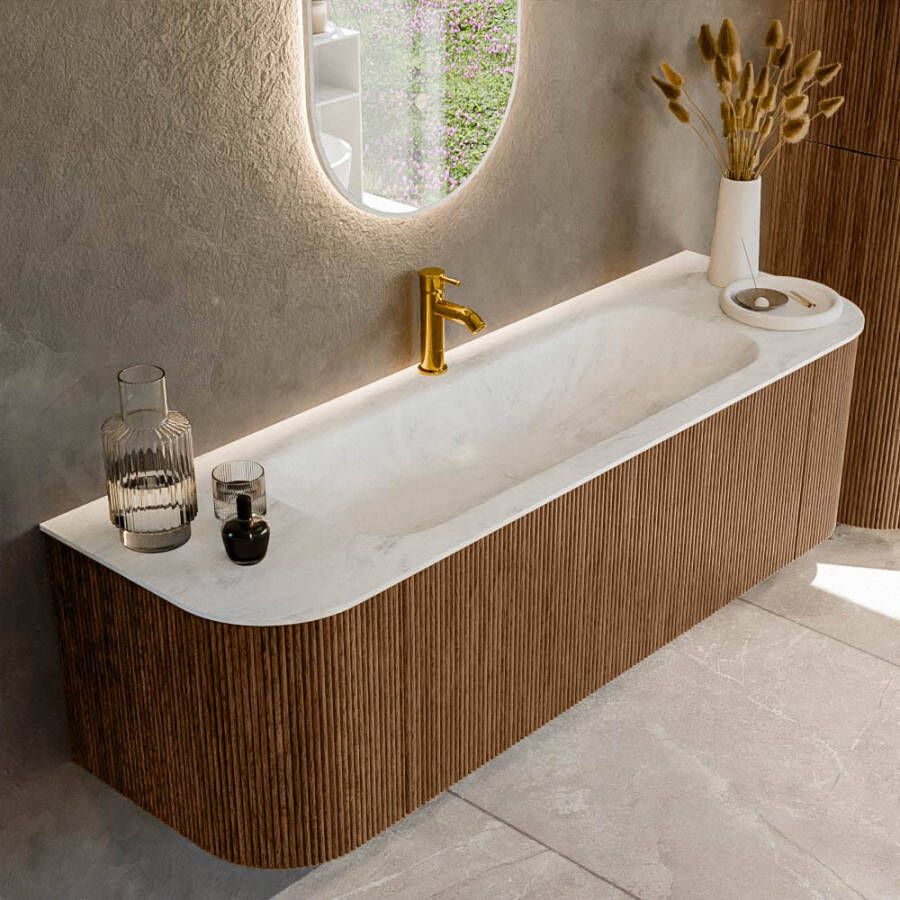 Mondiaz KURVE-DLUX 150cm badmeubel met module 25 Len R kleur Walnut met 1 lade en 2 deuren. Wastafel BIG MEDIUM midden 1 kraangat kleur Opalo. KRVBGM150L+R1L2D1KM-Wal Opa