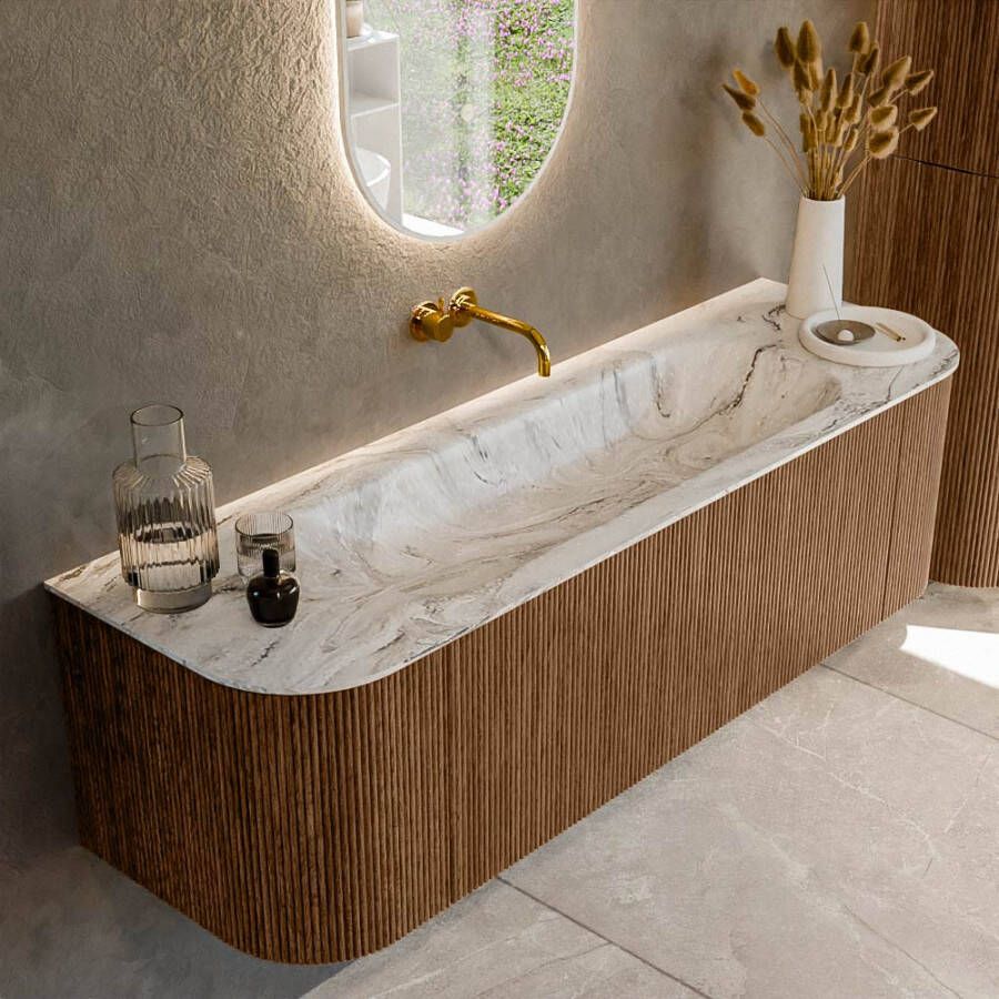 Mondiaz KURVE-DLUX 150cm badmeubel met module 25 Len R kleur Walnut met 1 lade en 2 deuren. Wastafel BIG MEDIUM midden zonder kraangat kleur Glace. KRVBGM150L+R1L2D0KM-Wal Gla