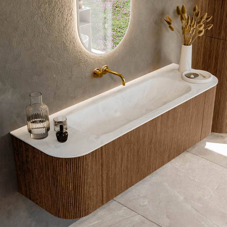 Mondiaz KURVE-DLUX 150cm badmeubel met module 25 Len R kleur Walnut met 1 lade en 2 deuren. Wastafel BIG MEDIUM midden zonder kraangat kleur Opalo. KRVBGM150L+R1L2D0KM-Wal Opa