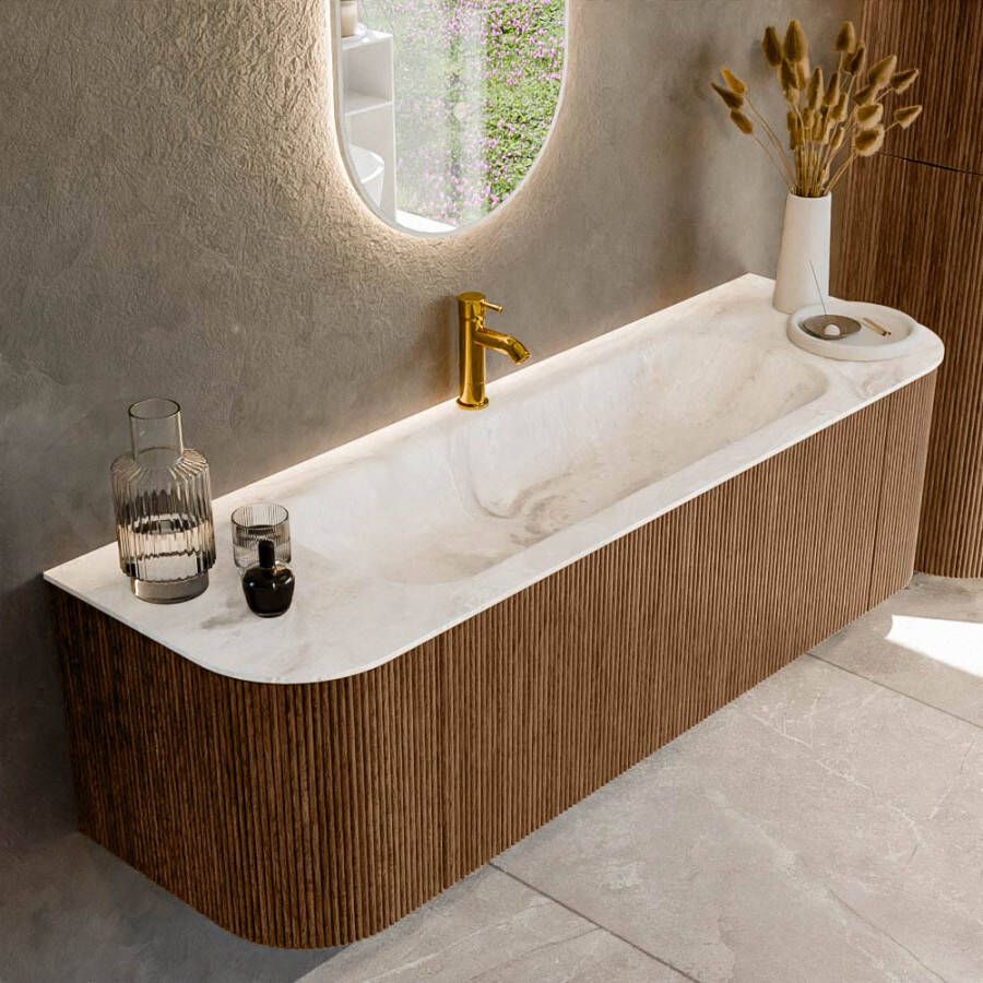 Mondiaz KURVE-DLUX 150cm badmeubel met module 25 Len R kleur Walnut met 1 lade en 2 deuren. Wastafel BIG MEDIUM midden 1 kraangat kleur Frappe. KRVBGM150L+R1L2D1KM-Wal Fra