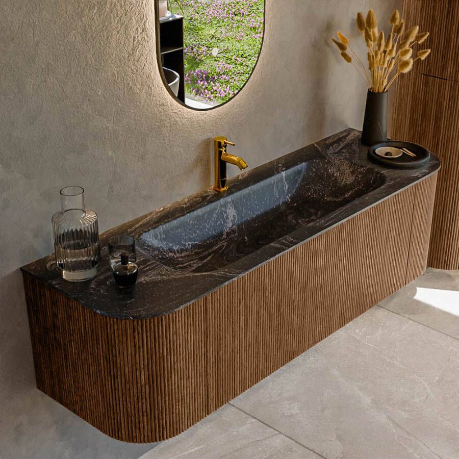 Mondiaz KURVE-DLUX 150cm badmeubel met module 25 Len R kleur Walnut met 1 lade en 2 deuren. Wastafel BIG MEDIUM midden 1 kraangat kleur Lava. KRVBGM150L+R1L2D1KM-Wal Lav