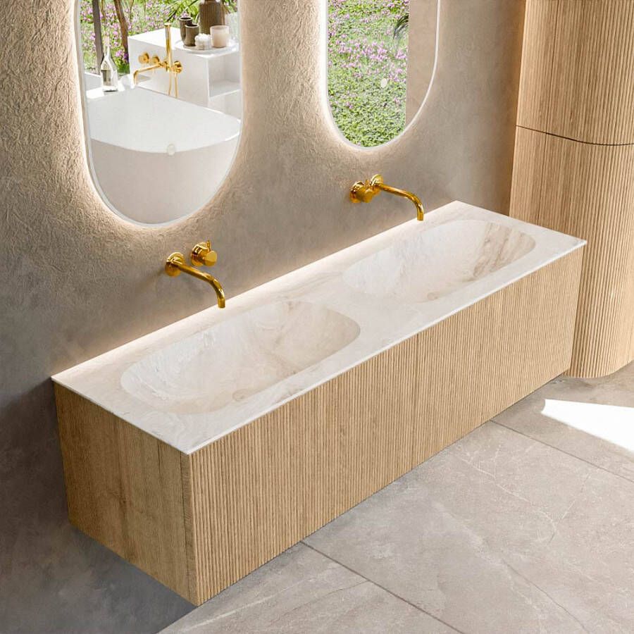Mondiaz KURVE-DLUX 150 cm Onderkast Greeploos 2 Lades Zonder Deuren Oak Wastafel Solid Surface Dubbel Frappe 0 Kraangaten Zonder Spiegel (KRVSTS1502L0D0KD-Oak Fra)