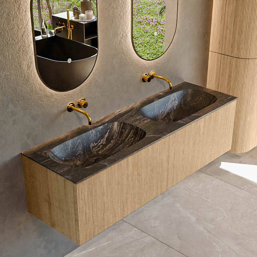 Mondiaz KURVE-DLUX 150 cm Onderkast Greeploos 2 Lades Zonder Deuren Oak Wastafel Solid Surface Dubbel Lava 0 Kraangaten Zonder Spiegel (KRVSTS1502L0D0KD-Oak Lav)