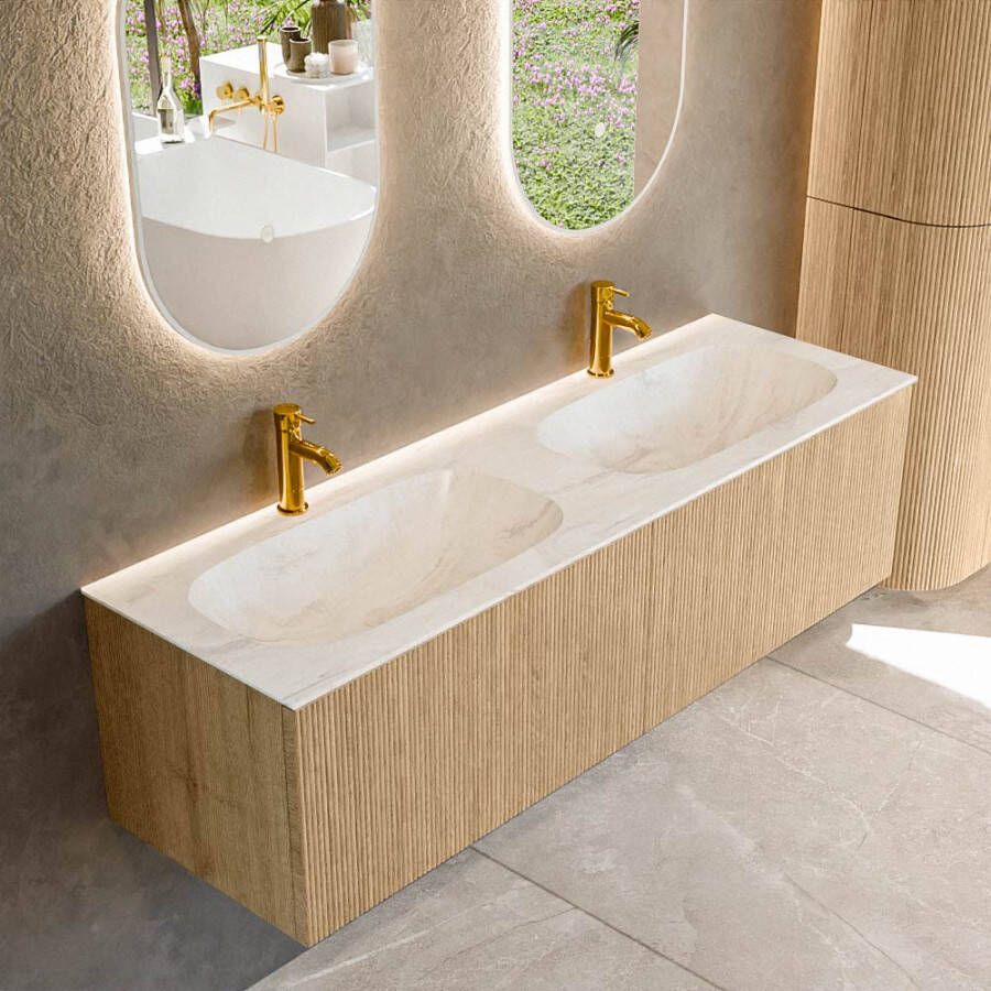 Mondiaz KURVE-DLUX 150 cm Onderkast Greeploos 2 Lades Zonder Deuren Oak Wastafel Solid Surface Dubbel Ostra 2 Kraangaten Zonder Spiegel (KRVSTS1502L0D2KD-Oak Ost)