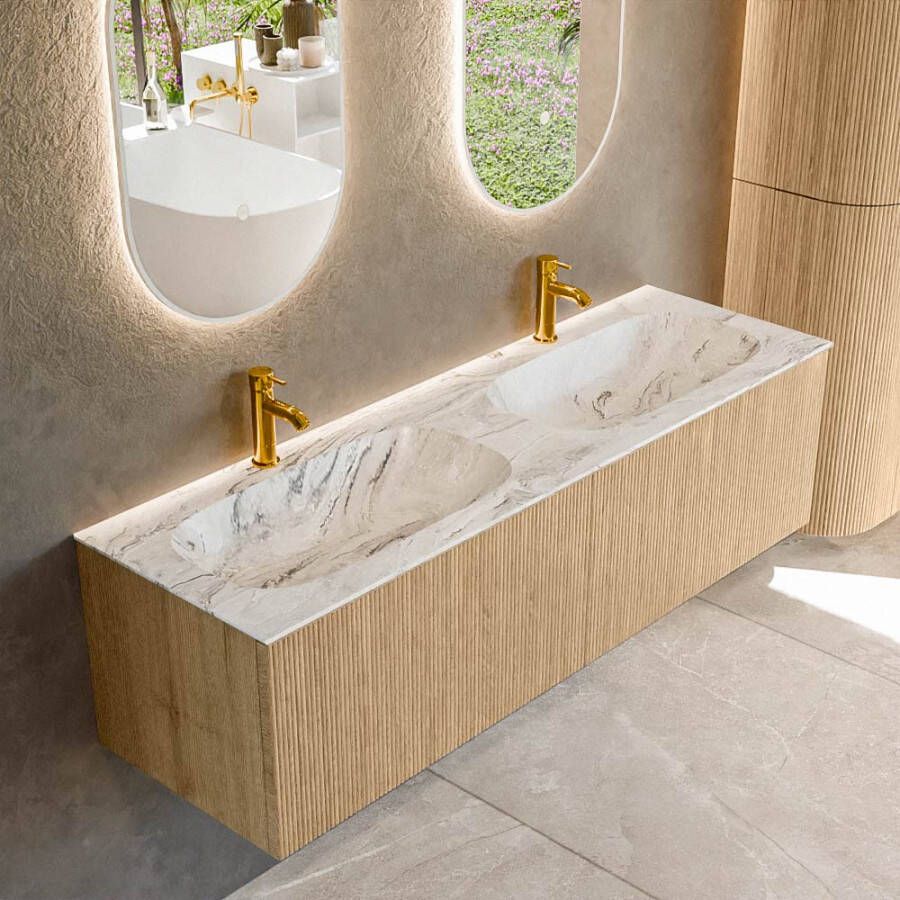 Mondiaz KURVE-DLUX 150 cm Onderkast Greeploos 2 Lades Zonder Deuren Oak Wastafel Solid Surface Dubbel Glace 2 Kraangaten Zonder Spiegel (KRVSTS1502L0D2KD-Oak Gla)