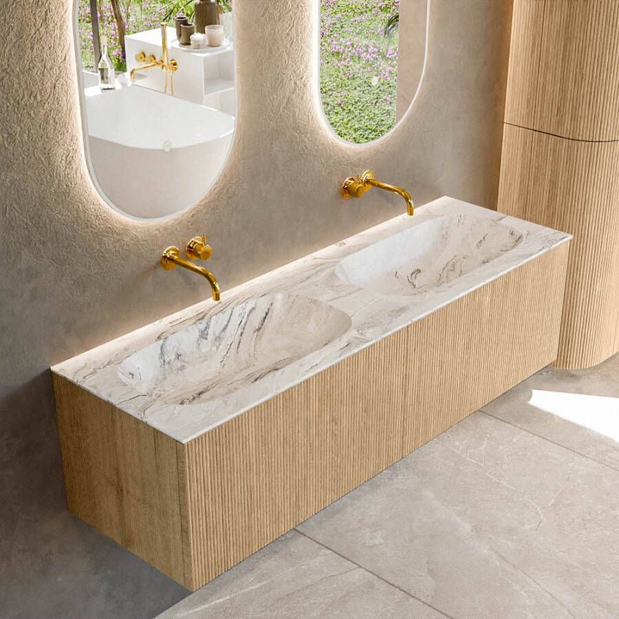 Mondiaz KURVE-DLUX 150 cm Onderkast Greeploos 2 Lades Zonder Deuren Oak Wastafel Solid Surface Dubbel Glace 0 Kraangaten Zonder Spiegel (KRVSTS1502L0D0KD-Oak Gla)
