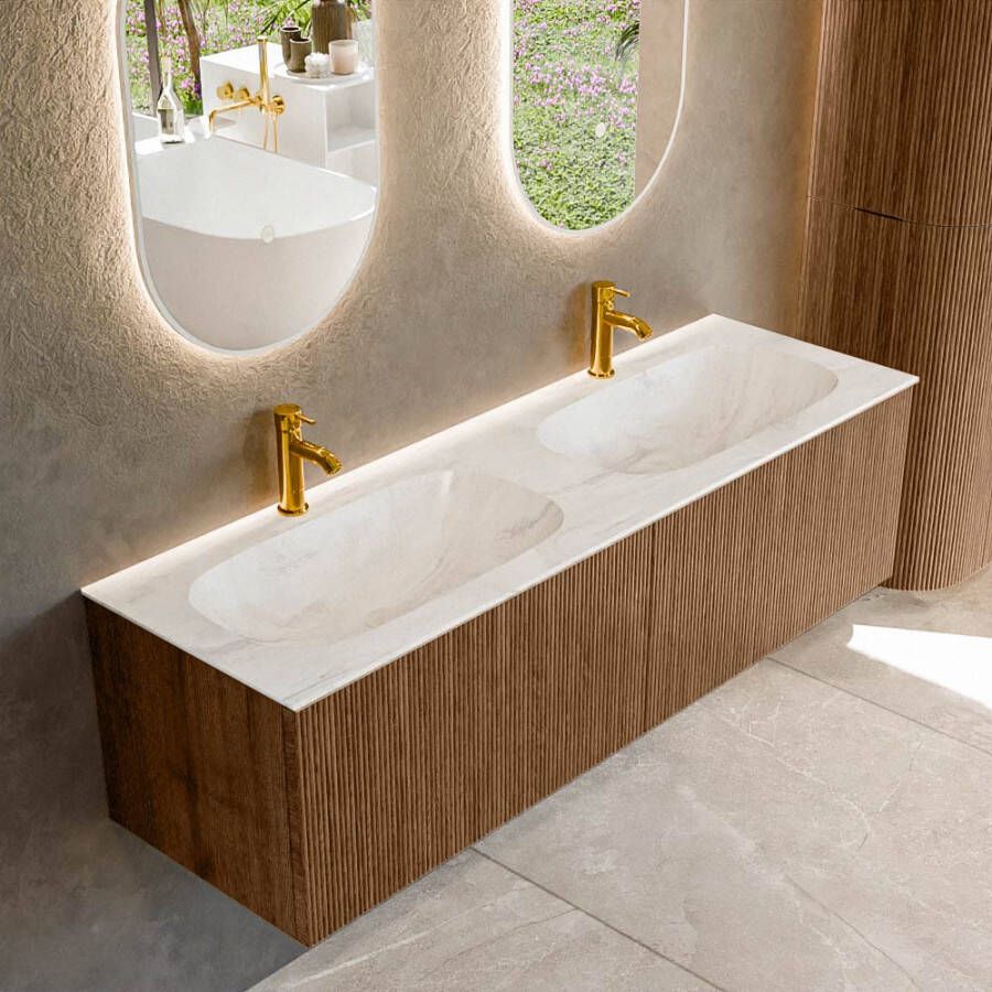 Mondiaz KURVE-DLUX 150 cm Onderkast Greeploos 2 Lades Zonder Deuren Walnut Wastafel Solid Surface Dubbel Ostra 2 Kraangaten Zonder Spiegel (KRVSTS1502L0D2KD-Wal Ost)