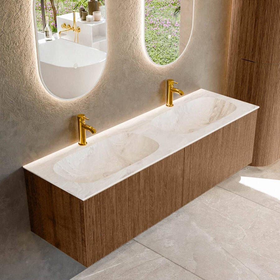 Mondiaz KURVE-DLUX 150 cm Onderkast Greeploos 2 Lades Zonder Deuren Walnut Wastafel Solid Surface Dubbel Frappe 2 Kraangaten Zonder Spiegel (KRVSTS1502L0D2KD-Wal Fra)