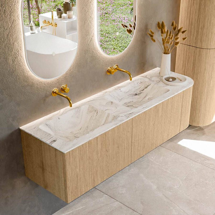 Mondiaz KURVE-DLUX 155cm badmeubel met module 25 R kleur Oak met 2 lades en 1 deur. Wastafel LEAF dubbel links zonder kraangat kleur Glace. KRVLEA155R2L1D0KD-Oak Gla