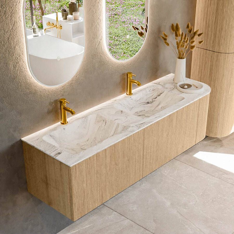 Mondiaz KURVE-DLUX 155cm badmeubel met module 25 R kleur Oak met 2 lades en 1 deur. Wastafel LEAF dubbel links 2 kraangaten kleur Glace. KRVLEA155R2L1D2KD-Oak Gla