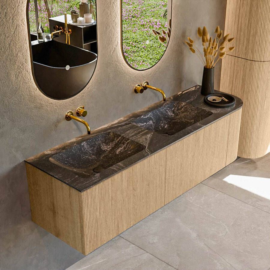 Mondiaz KURVE-DLUX 155cm badmeubel met module 25 R kleur Oak met 2 lades en 1 deur. Wastafel LEAF dubbel links zonder kraangat kleur Lava. KRVLEA155R2L1D0KD-Oak Lav