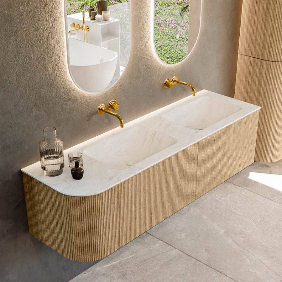 Mondiaz KURVE-DLUX 155cm badmeubel met module 25 L kleur Oak met 2 lades en 1 deur. Wastafel LEAF dubbel rechts zonder kraangat kleur Opalo. KRVLEA155L2L1D0KD-Oak Opa