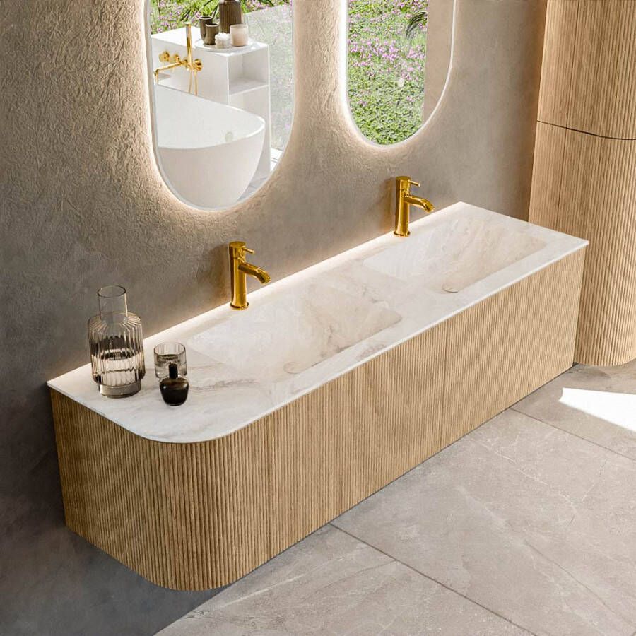 Mondiaz KURVE-DLUX 155cm badmeubel met module 25 L kleur Oak met 2 lades en 1 deur. Wastafel LEAF dubbel rechts 2 kraangaten kleur Frappe. KRVLEA155L2L1D2KD-Oak Fra