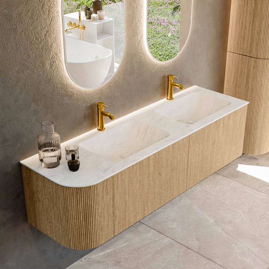 Mondiaz KURVE-DLUX 155cm badmeubel met module 25 L kleur Oak met 2 lades en 1 deur. Wastafel LEAF dubbel rechts 2 kraangaten kleur Opalo. KRVLEA155L2L1D2KD-Oak Opa
