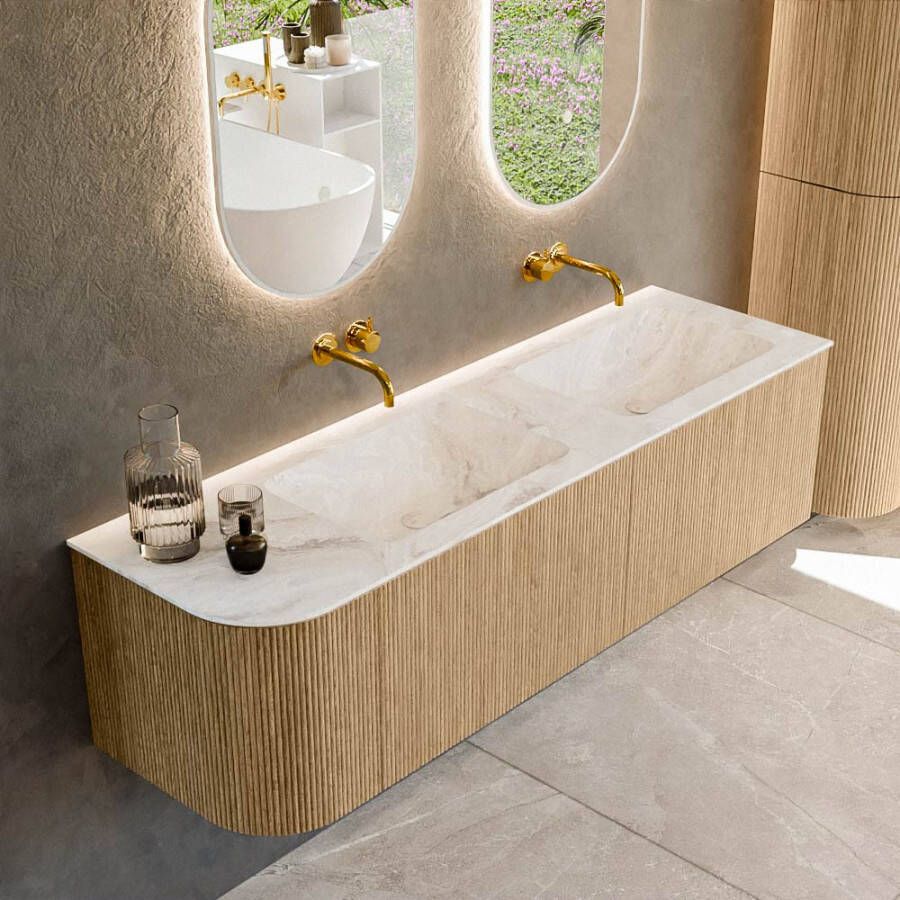 Mondiaz KURVE-DLUX 155cm badmeubel met module 25 L kleur Oak met 2 lades en 1 deur. Wastafel LEAF dubbel rechts zonder kraangat kleur Frappe. KRVLEA155L2L1D0KD-Oak Fra