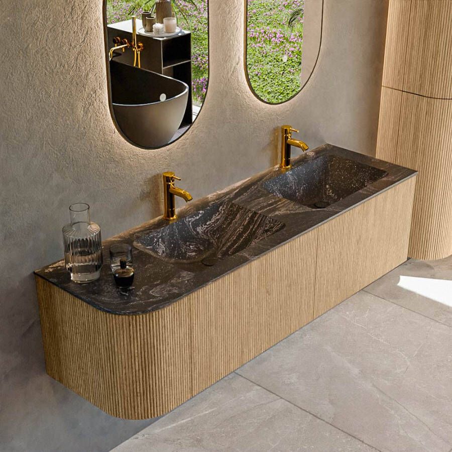Mondiaz KURVE-DLUX 155cm badmeubel met module 25 L kleur Oak met 2 lades en 1 deur. Wastafel LEAF dubbel rechts 2 kraangaten kleur Lava. KRVLEA155L2L1D2KD-Oak Lav