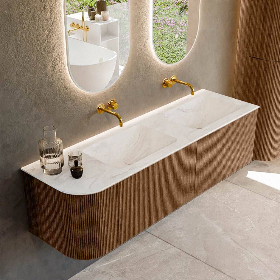 Mondiaz KURVE-DLUX 155cm badmeubel met module 25 L kleur Walnut met 2 lades en 1 deur. Wastafel LEAF dubbel rechts zonder kraangat kleur Ostra. KRVLEA155L2L1D0KD-Wal Ost