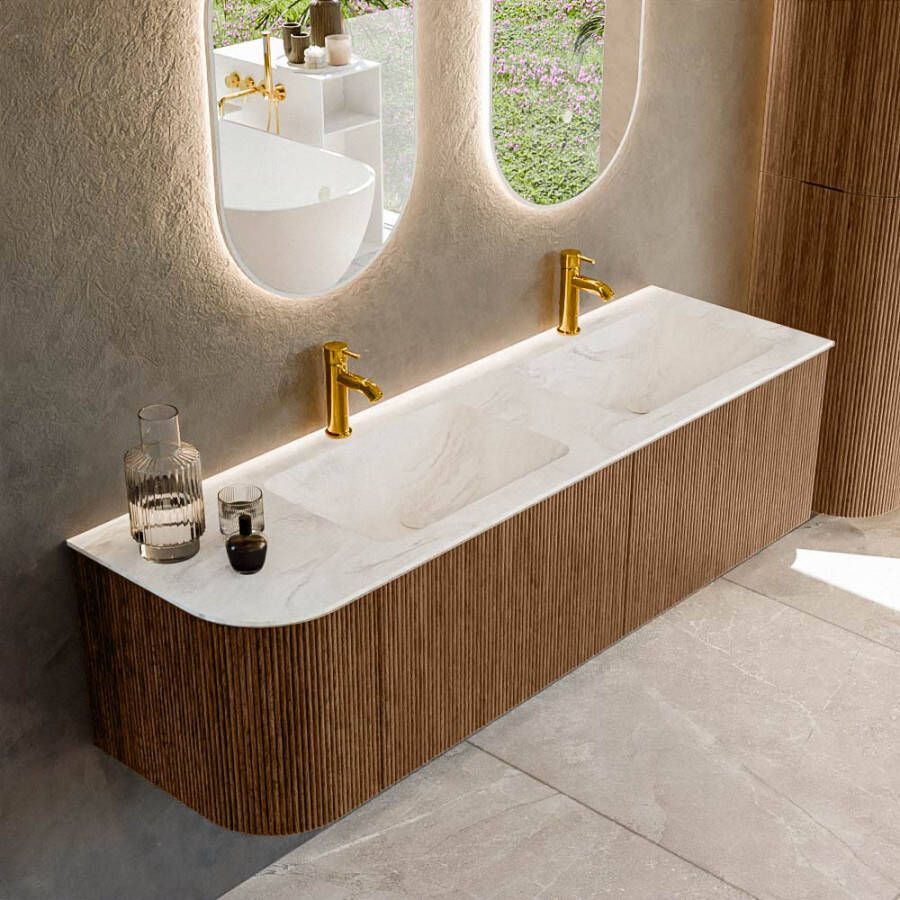 Mondiaz KURVE-DLUX 155cm badmeubel met module 25 L kleur Walnut met 2 lades en 1 deur. Wastafel LEAF dubbel rechts 2 kraangaten kleur Ostra. KRVLEA155L2L1D2KD-Wal Ost