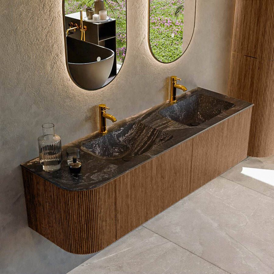 Mondiaz KURVE-DLUX 155cm badmeubel met module 25 L kleur Walnut met 2 lades en 1 deur. Wastafel LEAF dubbel rechts 2 kraangaten kleur Lava. KRVLEA155L2L1D2KD-Wal Lav