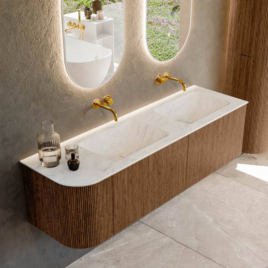 Mondiaz KURVE-DLUX 155cm badmeubel met module 25 L kleur Walnut met 2 lades en 1 deur. Wastafel LEAF dubbel rechts zonder kraangat kleur Opalo. KRVLEA155L2L1D0KD-Wal Opa
