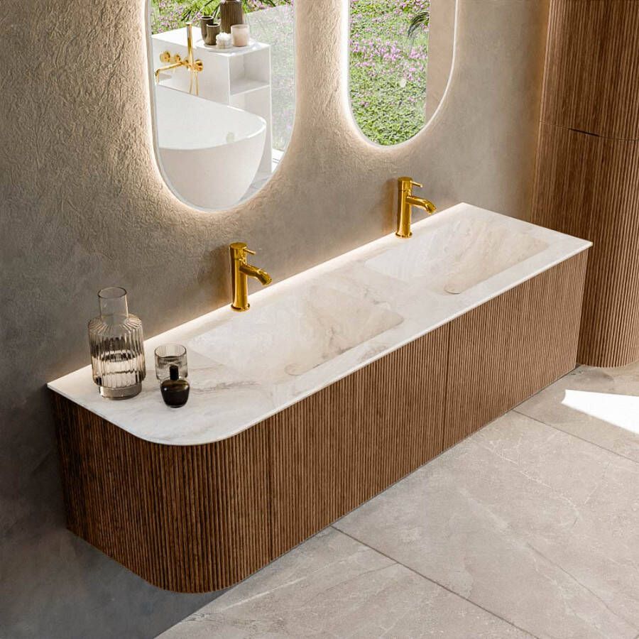 Mondiaz KURVE-DLUX 155cm badmeubel met module 25 L kleur Walnut met 2 lades en 1 deur. Wastafel LEAF dubbel rechts 2 kraangaten kleur Frappe. KRVLEA155L2L1D2KD-Wal Fra