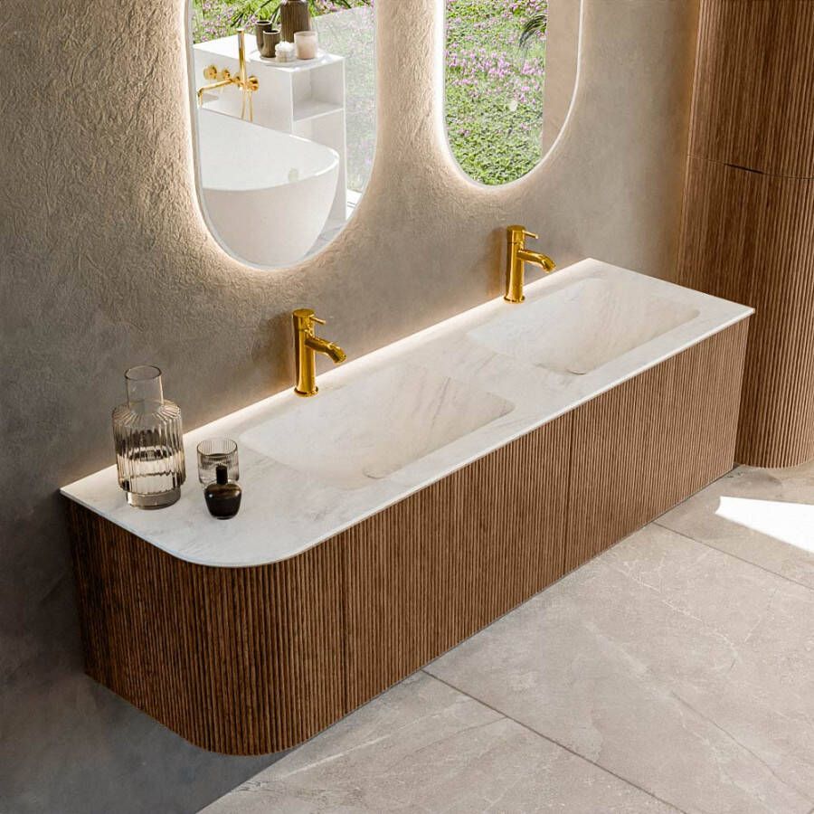 Mondiaz KURVE-DLUX 155cm badmeubel met module 25 L kleur Walnut met 2 lades en 1 deur. Wastafel LEAF dubbel rechts 2 kraangaten kleur Opalo. KRVLEA155L2L1D2KD-Wal Opa