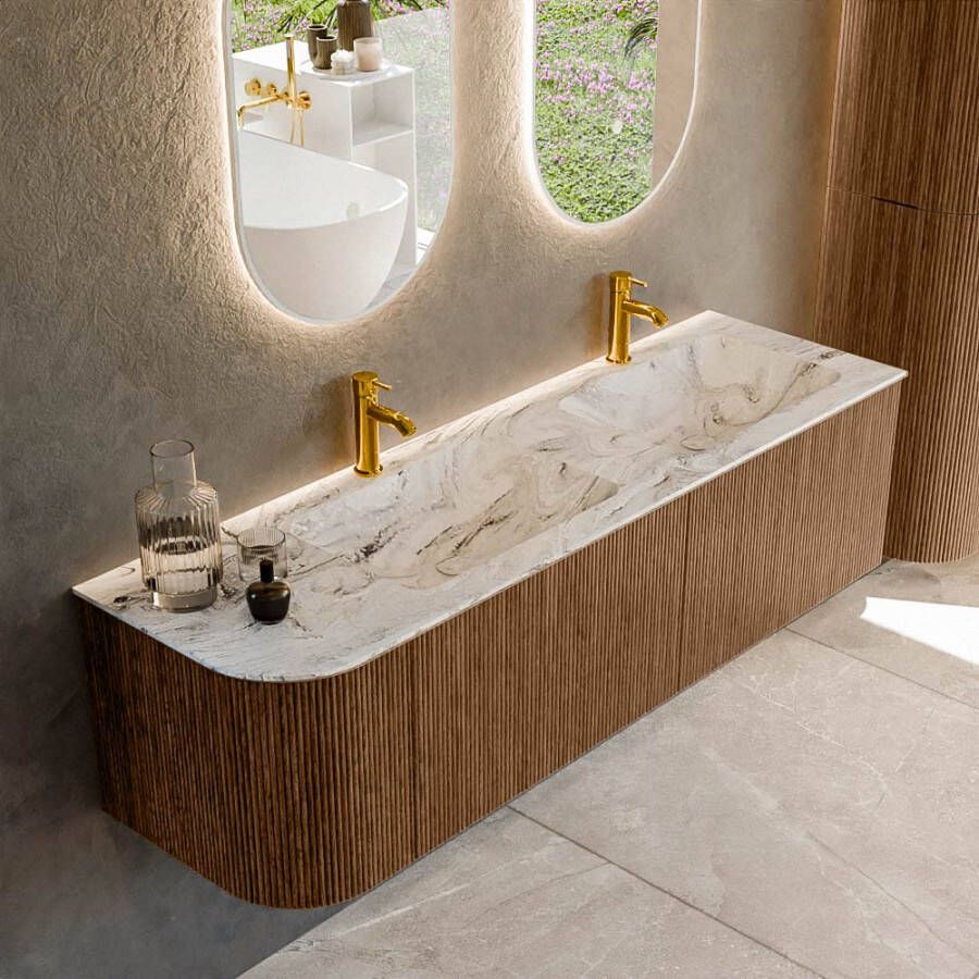 Mondiaz KURVE-DLUX 155cm badmeubel met module 25 L kleur Walnut met 2 lades en 1 deur. Wastafel LEAF dubbel rechts 2 kraangaten kleur Glace. KRVLEA155L2L1D2KD-Wal Gla