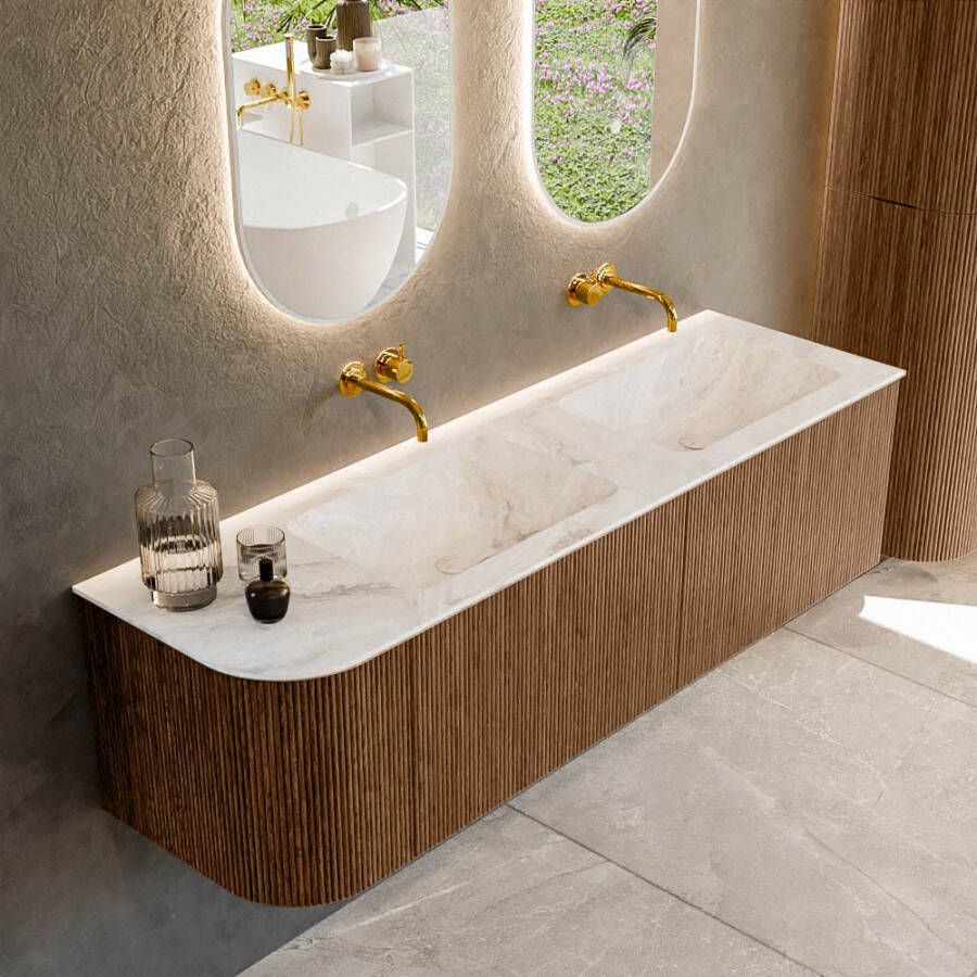 Mondiaz KURVE-DLUX 155cm badmeubel met module 25 L kleur Walnut met 2 lades en 1 deur. Wastafel LEAF dubbel rechts zonder kraangat kleur Frappe. KRVLEA155L2L1D0KD-Wal Fra