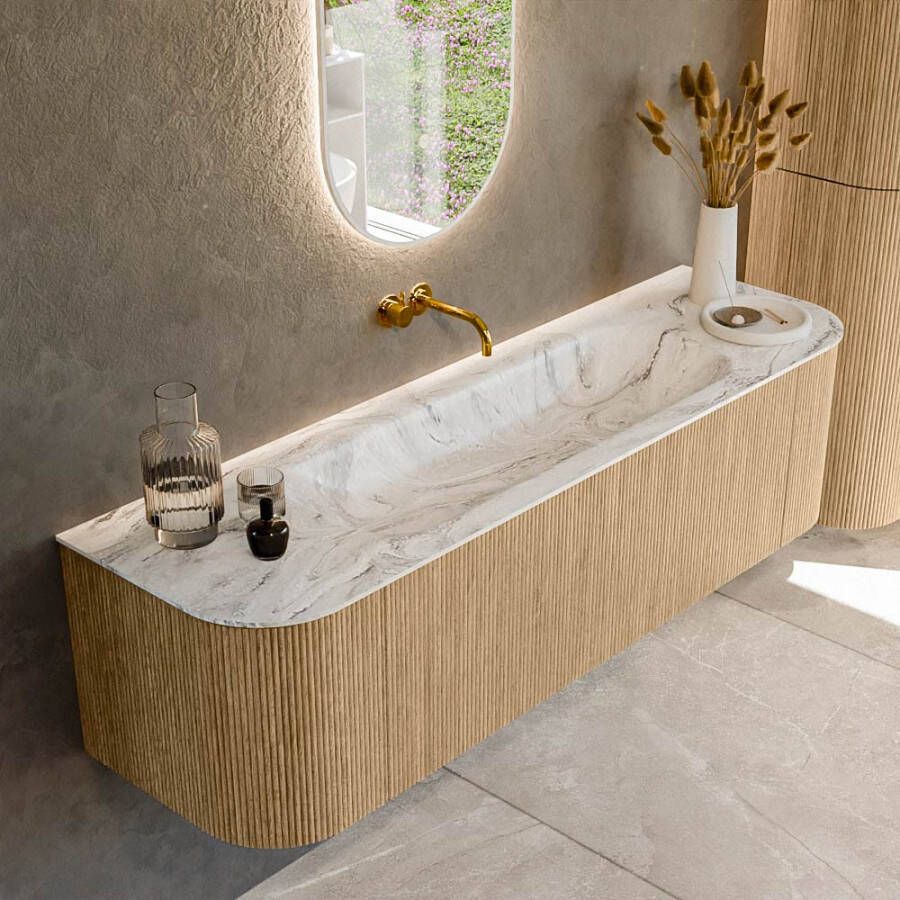 Mondiaz KURVE-DLUX 160cm badmeubel met module 25 Len R kleur Oak met 1 lade en 2 deuren. Wastafel BIG MEDIUM midden zonder kraangat kleur Glace. KRVBGM160L+R1L2D0KM-Oak Gla
